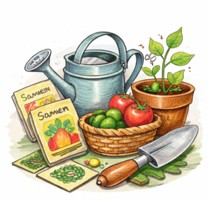 Regenkanne, Blumen, Paprika, Früchte, Schaufel, Buch über Samen, Symbolbild