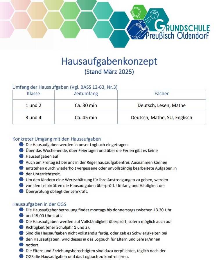 Hausaufgabenkonzept aus 2025, welches den Umfang der Hausaufgaben beschreibt