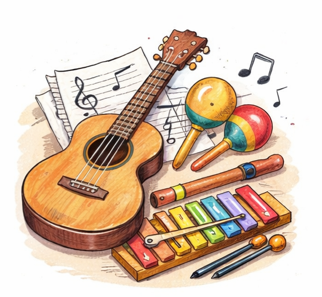 Gitarre, Notenpapier, Symbolbild, vers. Instrumente