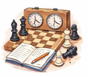 Schachfigur mit Zettel, Stift, Uhr