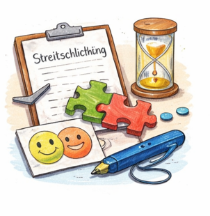 Streitschlichtung auf Klemmbrett, Symbolbild, Stift, Smile, Sanduhr