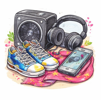 Turnschuh, Symbolbild für Musik, Handy, Kopfhörer, Musikbox